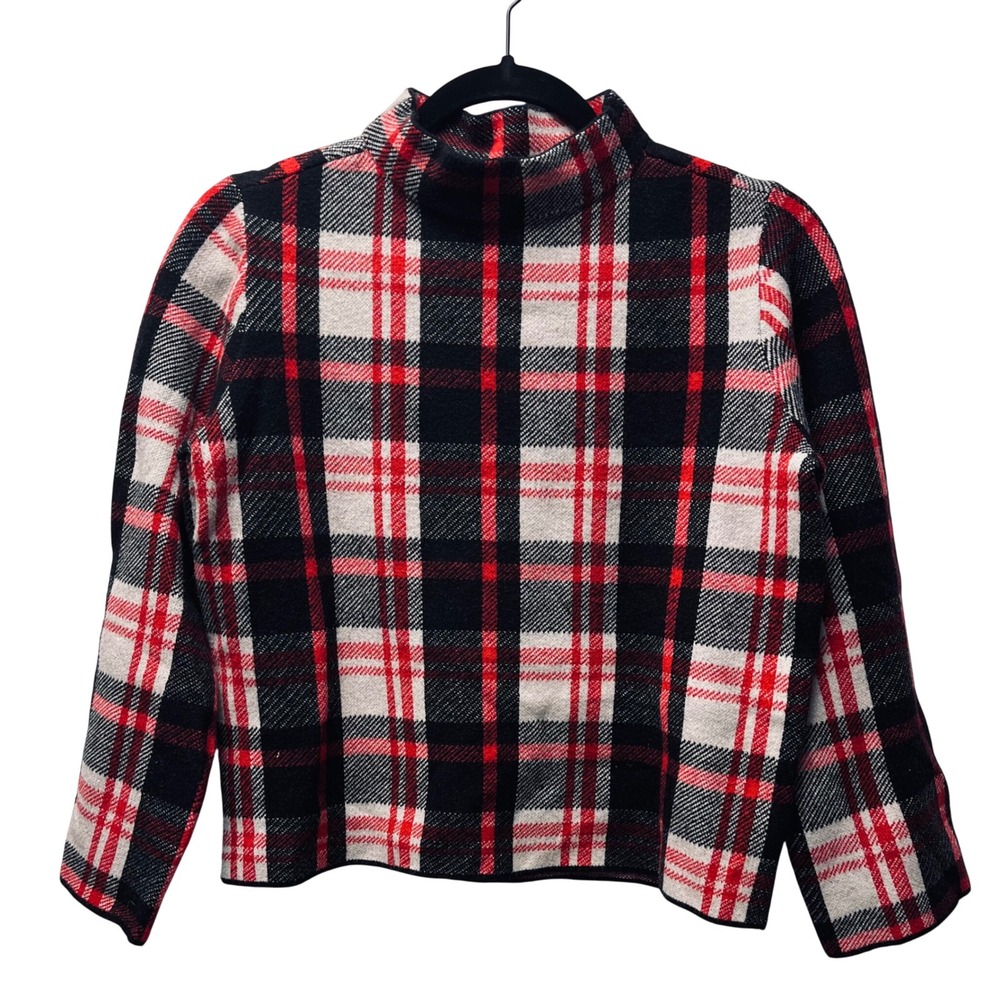 Ann Taylor SP Red Plaid Mock Neck Tartan Knit Sweater Preppy Academia Holiday